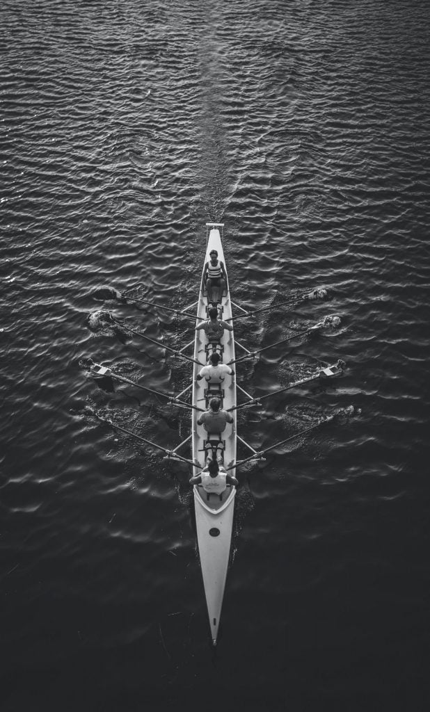 A rowing team photographed from above